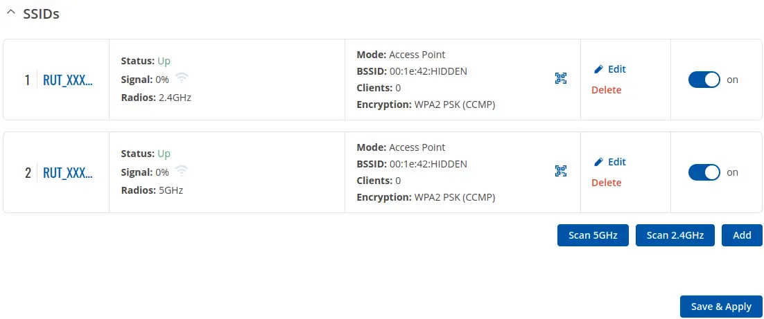 List of SSIDs in the RUTX10 WebUI